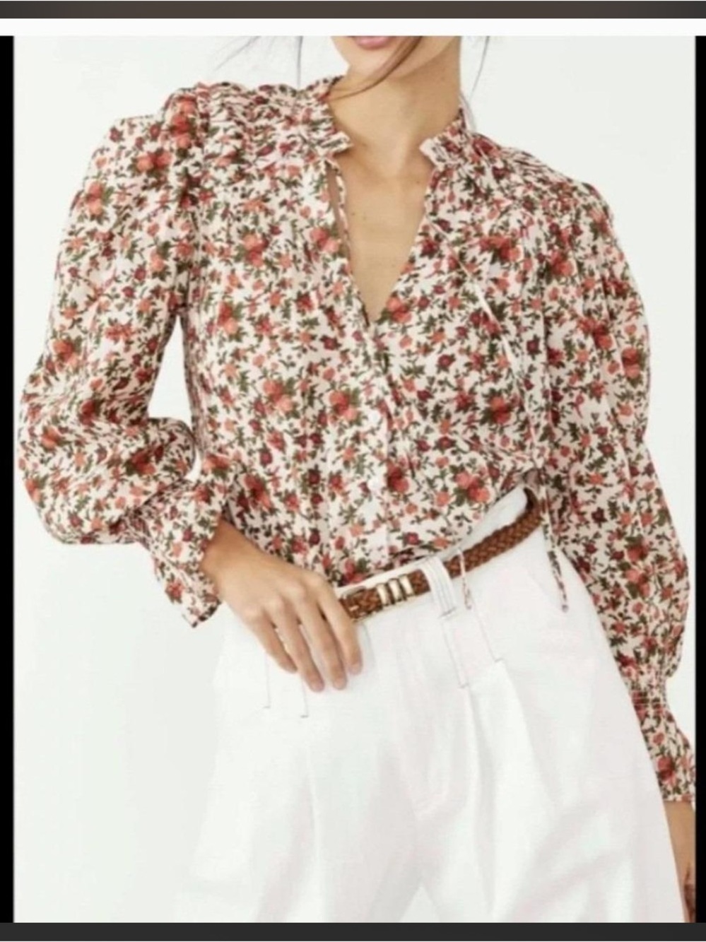 Free People Rose Print Tie-Neck Puff Sleeve Blouse in Cream and Rose Size S